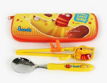 新款韩国进口LARVA儿童助学筷训练筷子爆笑虫子勺子抗菌袋三件套