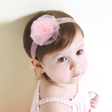 韩版新生婴幼儿宝宝发带 蕾丝玫瑰花女童头饰头花小女孩发箍粉色