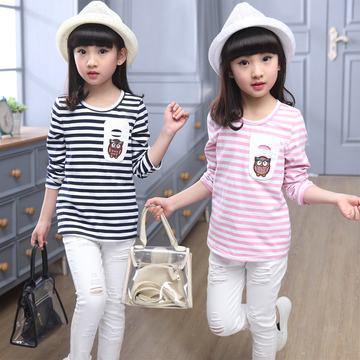 女童2015韩版新款打底衫T恤中大儿童上衣长袖T恤 女孩印花T恤衫