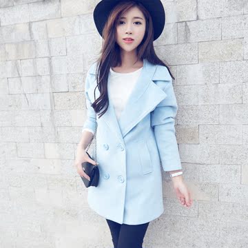 毛呢子外套女中长款2016春装新款韩版宽松大衣纯色蓝色外套
