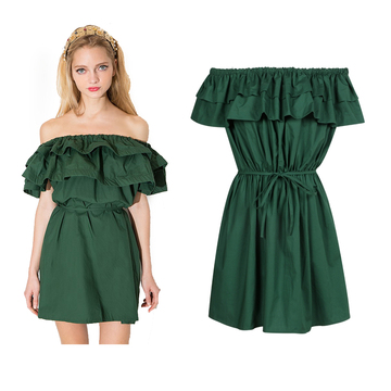2017夏季女装抽褶一字领双层荷叶边露肩墨绿色系带修身连衣裙