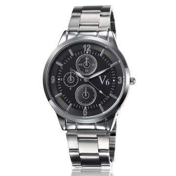 新款热销V6手表商务男士手表休闲简约石英表时尚三眼钢带腕表