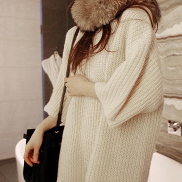 韩版秋冬季加厚粗毛线糖果色毛衣中长款宽松喇叭袖毛衣裙连衣裙女