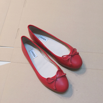 新款浅口圆头红色蝴蝶结舒适女单鞋 时尚简约套脚鞋折叠鞋
