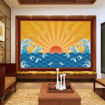 无缝大型壁画电视沙发卧室背景墙纸壁纸日式红日惊涛海浪图