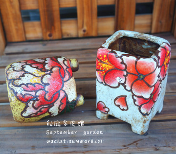 苹果树韩国韩式多肉花盆 手工手绘雕花 透气 粗陶 釉面 售罄欣赏