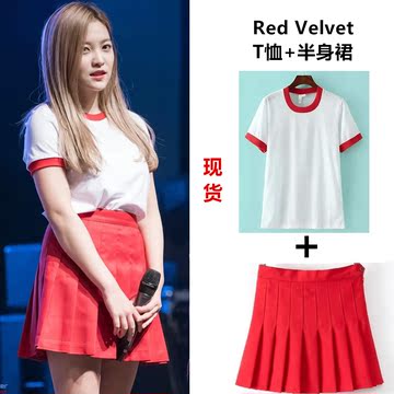 Red Velvet金艺琳Yeri朴秀荣Joy同款撞色T恤短袖+百褶半身裙机场
