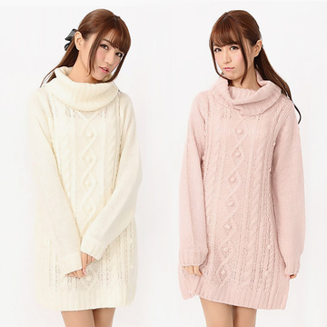 日系冬季女装新款甜美麻花纹高领宽松加厚长款毛衣连衣裙LIZ LISA
