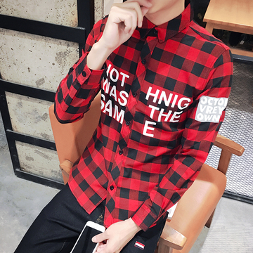 2016秋季长袖衬衫男青少年格子衬衣男士韩版修身印花寸衫潮男装