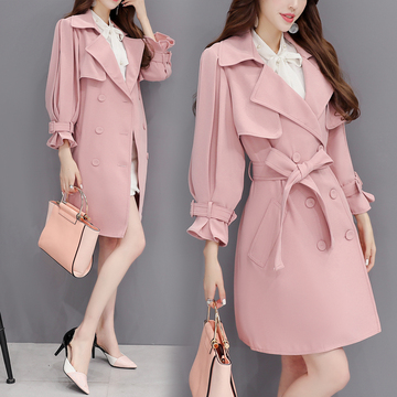 韩版女装2016秋装新款气质粉色风衣外套中长款修身双排扣显瘦学生