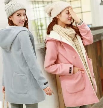 2016秋冬女装韩版学生羊毛呢外套连帽甜美中长款呢子大衣修身加厚