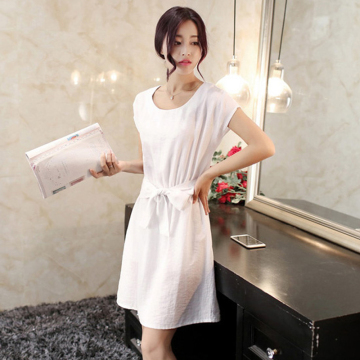 2016夏季新款女短袖连衣裙 韩版白色身圆领显瘦系带中长款A字裙子