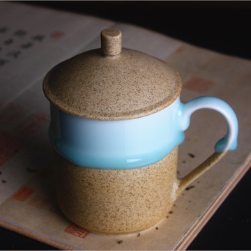 景德镇手工陶瓷水杯茶杯 影青流釉带盖老板杯花茶杯 创意礼品杯