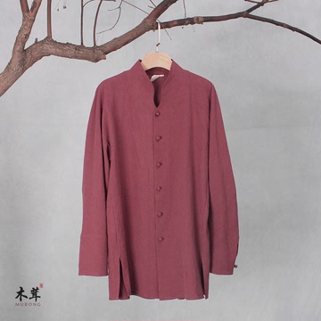 木茸原创设计亚麻棉长袖男上衣衬衫 中式宽松盘扣汉服禅意茶人服