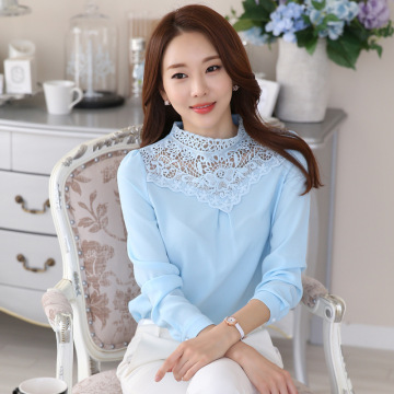 2016夏季新款韩版宽松长袖蕾丝拼接雪纺衫女 韩版女装打底衫