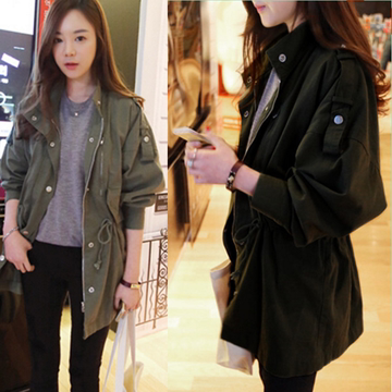 2016秋装新款韩版蝙蝠袖修身立领大衣女装抽绳收腰风衣外套中长款