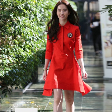 刘亦菲同款原版秋装新款通勤婚庆礼服中长款中袖衬衫领红色连衣裙