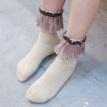 爱吸引加厚保暖羊毛短袜子复古民族风花纹流苏纯色打底女袜堆堆袜