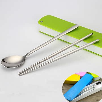 不锈钢便携餐具套装韩式实心长柄勺子防滑筷子学生成人旅行餐具盒