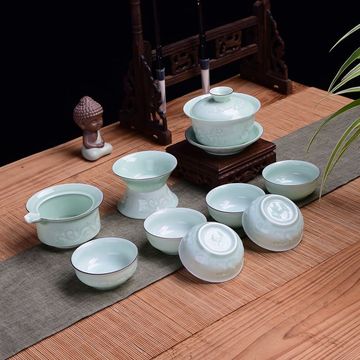 冰裂釉青瓷茶具套装实木茶盘陶瓷茶海特价包邮整套组合家用礼品