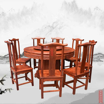 红木家具实木餐桌饭桌中式仿古缅甸花梨木圆餐桌椅组合1.38米雕花