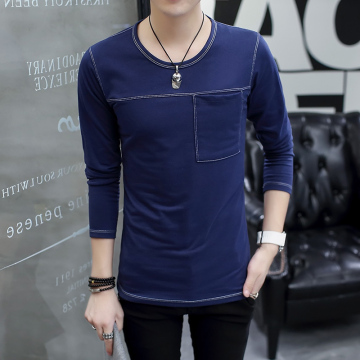 夏季长袖T恤男士纯色圆领印花男T恤韩版青年修身打底衫薄款上衣潮