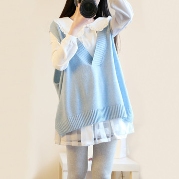 2016韩版秋季新款大码假两件毛衣马甲女装娃娃领甜美针织短款套装