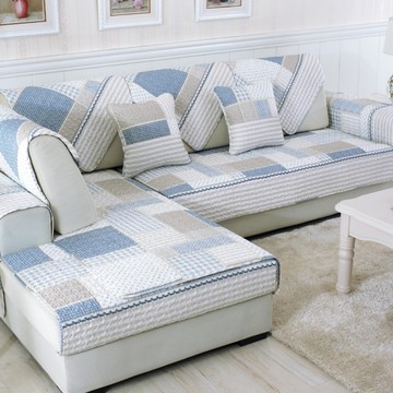 四季流行全纯棉斜纹布防滑沙发垫布艺坐垫套罩扶手靠背巾格子蓝色