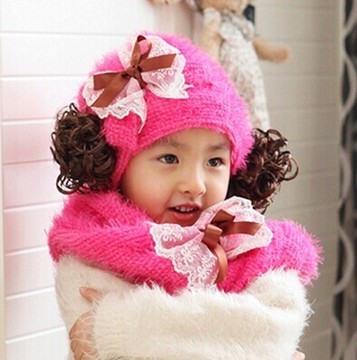 秋冬款毛绒帽3-4-5-6-7岁女童围巾帽子套件韩版儿童保暖护耳帽子