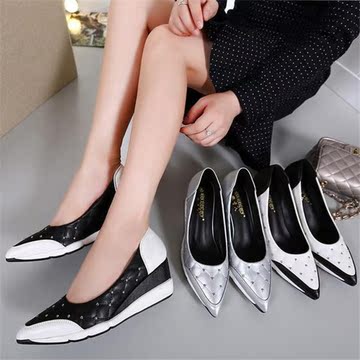 2016春秋季新款促销新款单鞋尖头松糕底白色黑色银色时尚单鞋