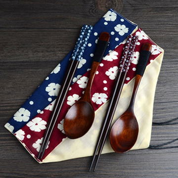 包邮日式和风袋木质筷子勺子叉子三件套旅行便携情侣餐具套装环保
