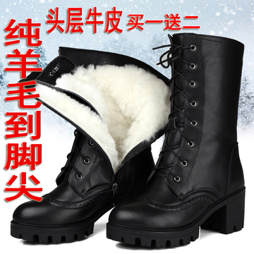 冬季牛皮马丁靴女英伦风真皮中筒靴子粗跟圆头大码羊皮毛一体棉靴