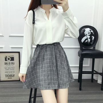 秋季长袖小清新修身收腰女短裙韩国学生甜美显瘦假两件套连衣裙