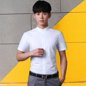 HSCP英伦男士立领衬衫夏青年韩版修身短袖衬衣免烫原创现代中国风