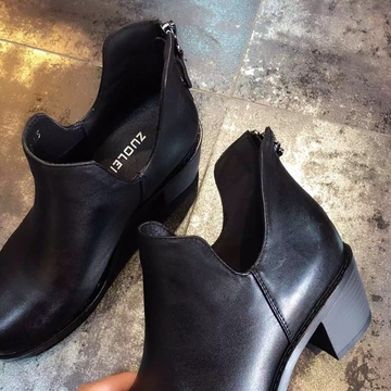 新款女鞋 小短靴 5cm方跟增高 纯黑牛皮女靴 纯黑牛皮短靴 包邮