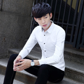 新款白领韩版修身男士长袖衬衫 收腰商务男衬衣 时尚潮流青年衬衫
