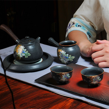 新款功夫茶具套装特价陶瓷茶杯套装整套黑陶侧把壶茶具套组配礼盒