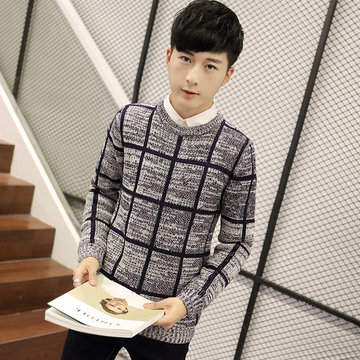 秋季新款时尚韩版男士修身条纹休闲圆领长袖针织衫毛衣
