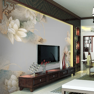 现代中式水墨荷花 客厅电视背景墙壁纸 3D立体无缝无纺布墙纸壁画