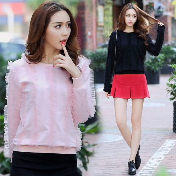 韩国代购2016春款韩版女装打底衫显瘦甜美纯色长袖卫衣女上衣套头