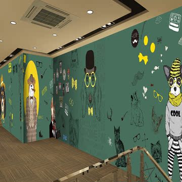 时尚猫狗动物涂鸦壁画商场童装服装店餐厅咖啡店背景壁纸欧美墙纸
