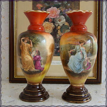 西洋古董瓷器收藏品 英国爱德华七世1904s 一对人物画手绘花瓶