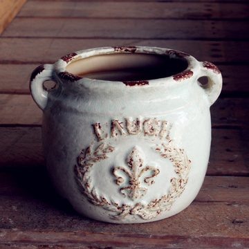 美式乡村地中海法式做旧陶瓷双耳圆形花瓶 家居饰品工艺摆件 陶罐