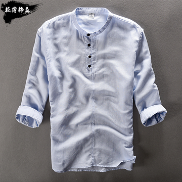 2016新款棉麻衬衫男中国风小立领纯色长分袖挽袖衬衣男式品质衬衣
