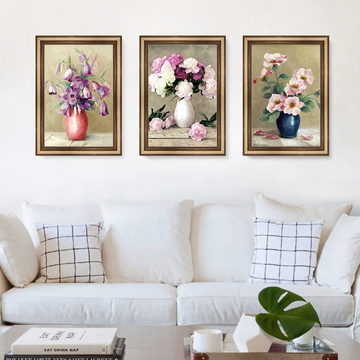 客厅三联画现代装饰画欧式沙发背景墙挂画温馨植物花卉仿油画框画
