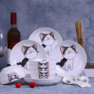 私房猫1至10人碗碟套装创意可爱卡通餐具家用米饭碗菜盘礼品礼盒