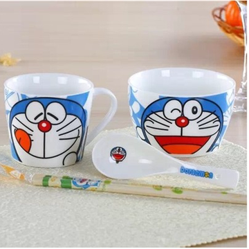 韩式儿童叮当猫陶瓷碗碟套装 学生饭盒蓝胖子杯子4件骨瓷餐具套装