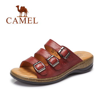 Camel/骆驼正品女鞋2016夏季新款真牛皮扣带简约百搭小坡跟凉拖鞋