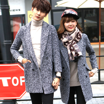 冬季新款韩版情侣装男女修身羊毛呢料大衣中长款加厚风衣外套潮男