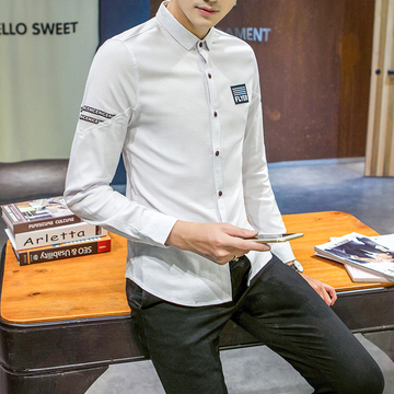 秋季新款韩版时尚气质徽章图案修身男士衬衫